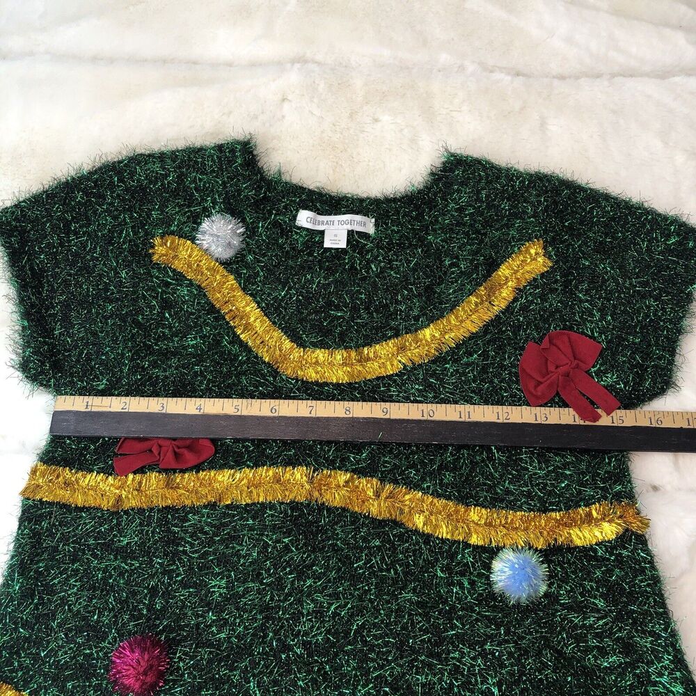 Celebrate Together Junior Dress Size S Green Sparkle Bows PomPom Knit Christmas - Picture 10 of 15